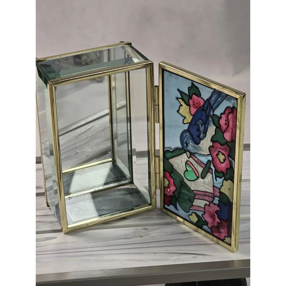 VTG Bird Birdhouse Stained Glass Trinket Box Joan Baker Designs 1994, Collectabl